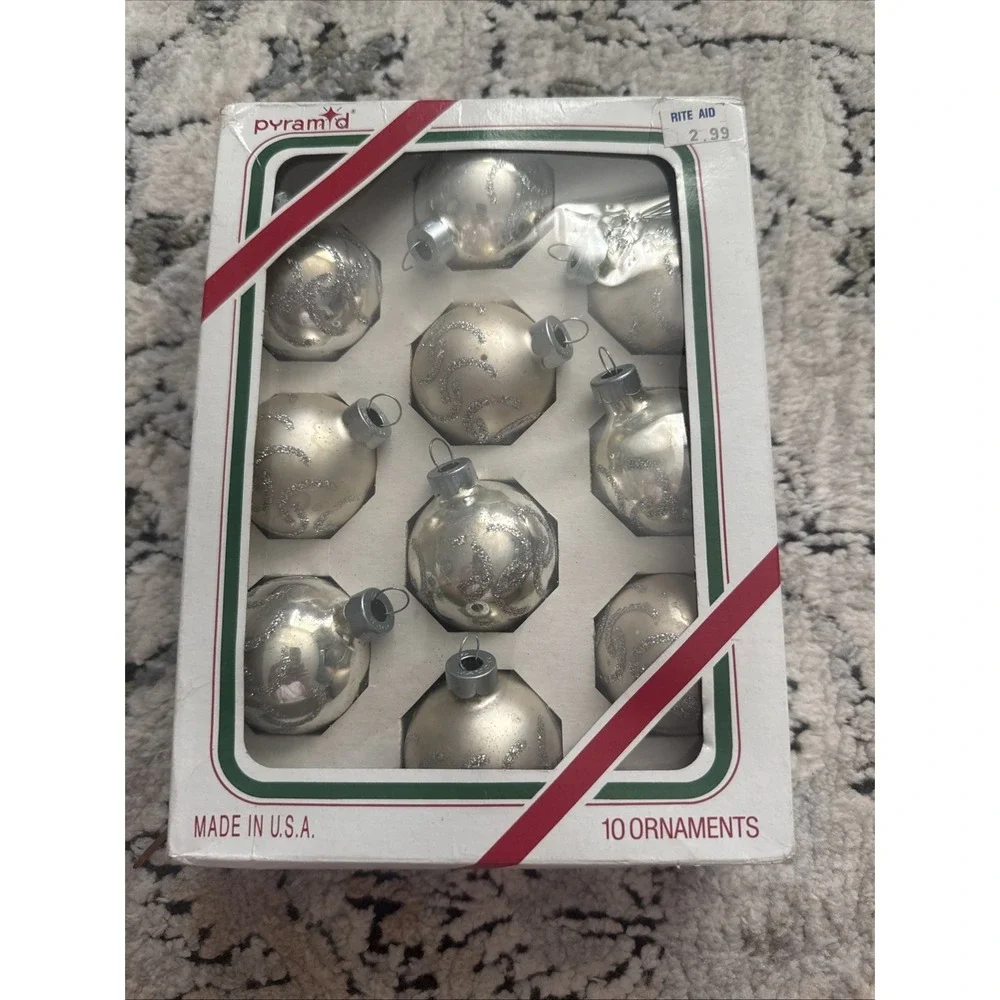 Vintage Pyramid Glass Christmas Ornaments Set of 10 Champagne Silver Glitter USA